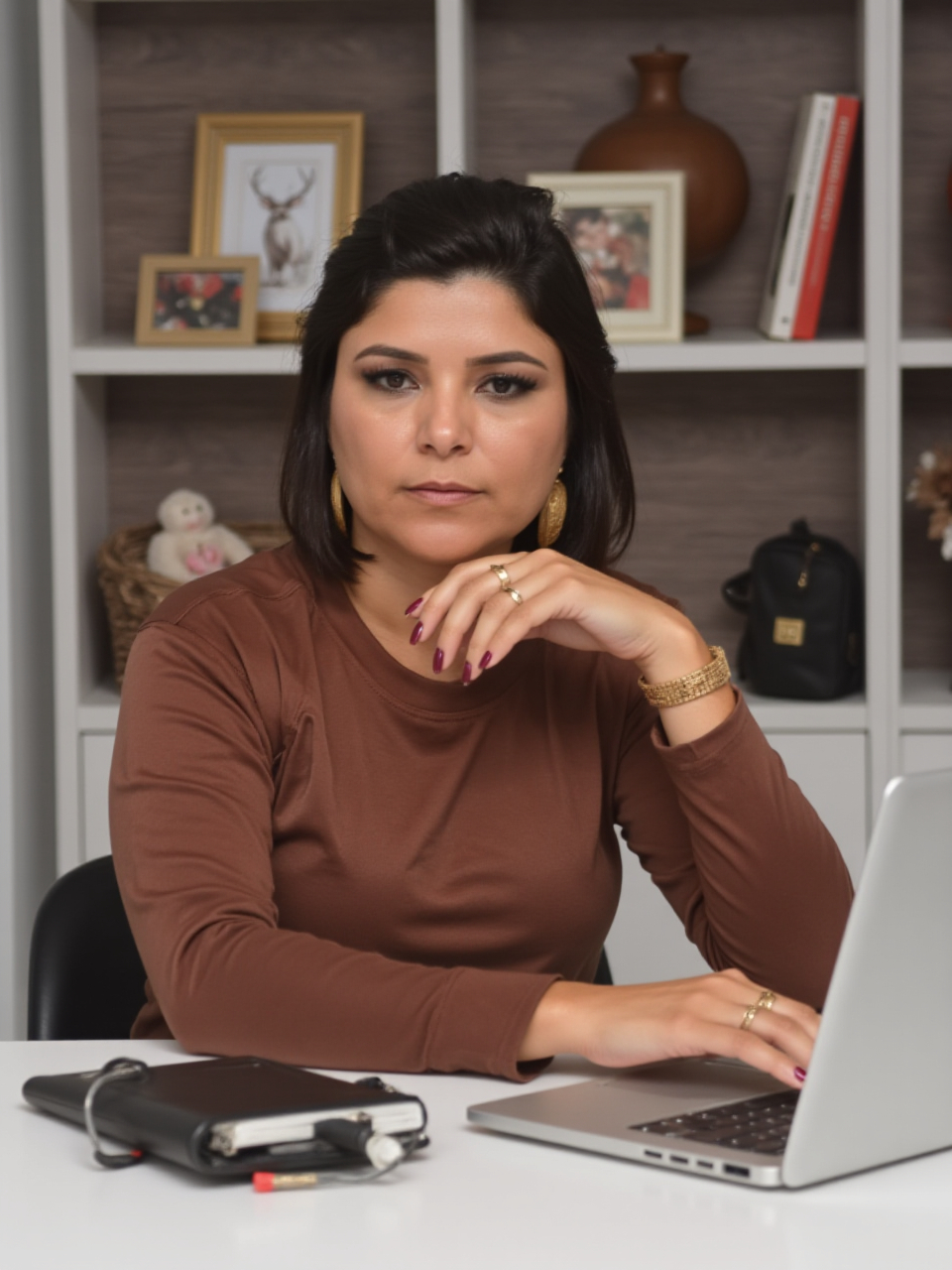 Retrato de Catiana em escritório sofisticado, com expressão serena e olhar firme